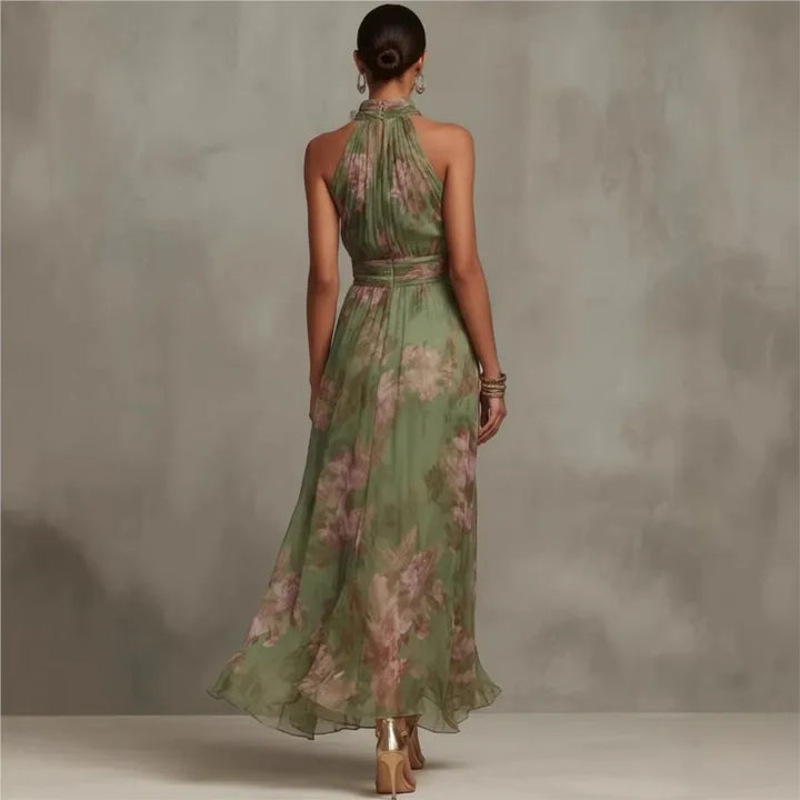 Robe longue pour femme, imprimé floral vert, dos nu, sans manches, col montant, taille froncée, en mousseline fluide, robe de soirée