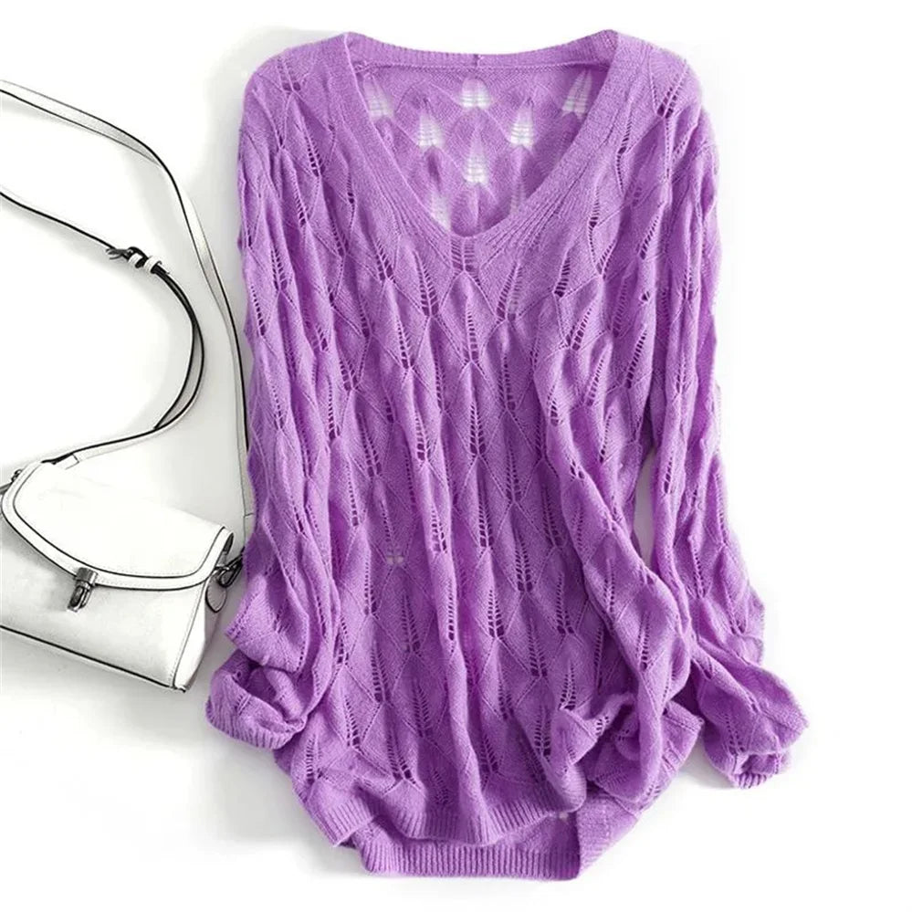 Pulls d'été oversize pour femme, sexy et ajourés, en maille fine, tendance et décontractés, unis, à col en V et manches longues, en crochet