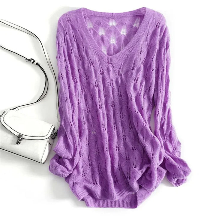 Pulls d'été oversize pour femme, sexy et ajourés, en maille fine, tendance et décontractés, unis, à col en V et manches longues, en crochet