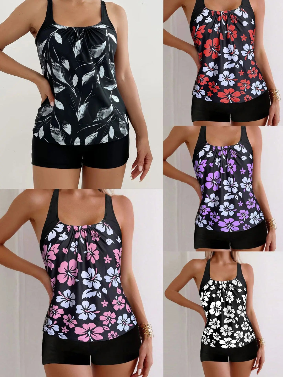 Ensemble tankini à motif floral imprimé  Maillot de bain pour fille : soutien-gorge sans bretelles à bretelles réglables et short de bain à motif floral, bikini à cordon de serrage, ensemble de plage pour femme