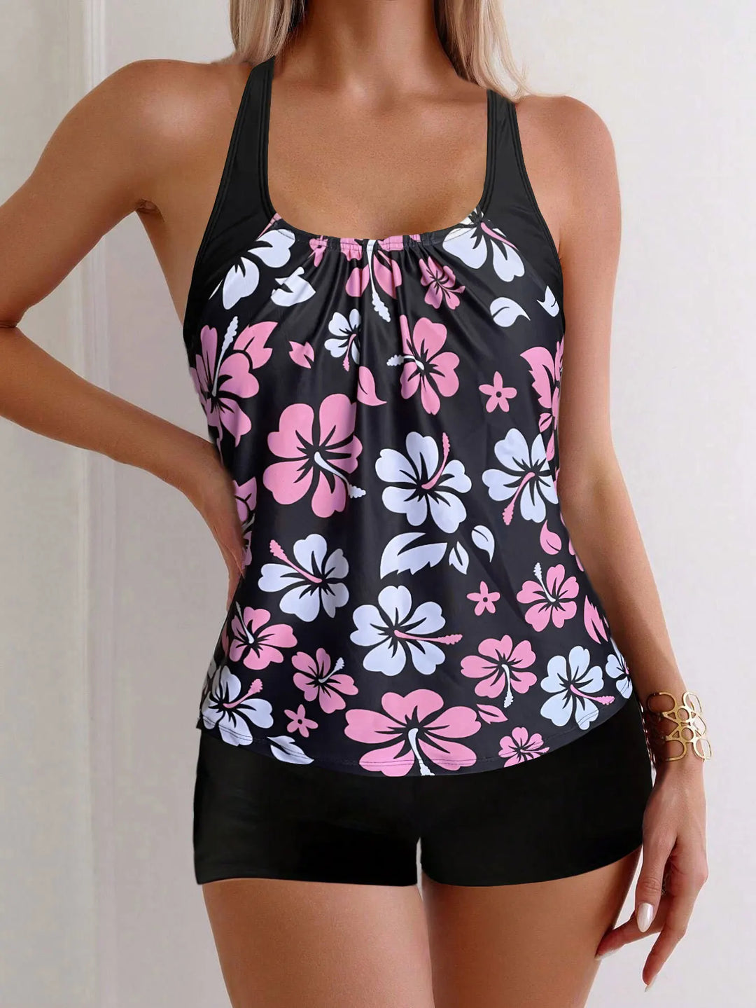 Ensemble tankini à motif floral imprimé  Maillot de bain pour fille : soutien-gorge sans bretelles à bretelles réglables et short de bain à motif floral, bikini à cordon de serrage, ensemble de plage pour femme