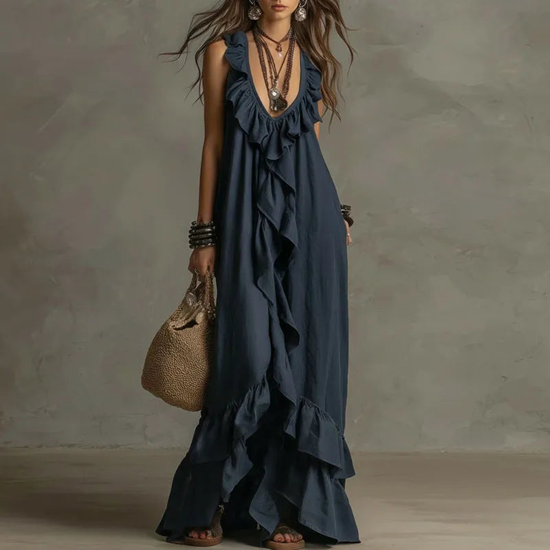 Robe longue bohème à volants pour femme, ourlet irrégulier, col en V profond, coupe ample, robe de soirée longue, nouveauté été, sans manches, couleur unie, robe de plage