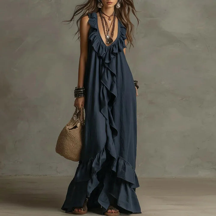 Robe longue bohème à volants pour femme, ourlet irrégulier, col en V profond, coupe ample, robe de soirée longue, nouveauté été, sans manches, couleur unie, robe de plage