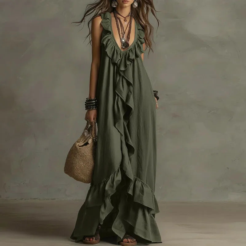 Robe longue bohème à volants pour femme, ourlet irrégulier, col en V profond, coupe ample, robe de soirée longue, nouveauté été, sans manches, couleur unie, robe de plage