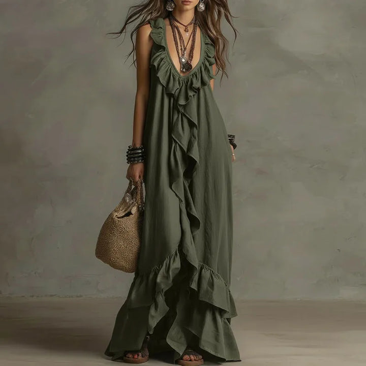 Robe longue bohème à volants pour femme, ourlet irrégulier, col en V profond, coupe ample, robe de soirée longue, nouveauté été, sans manches, couleur unie, robe de plage