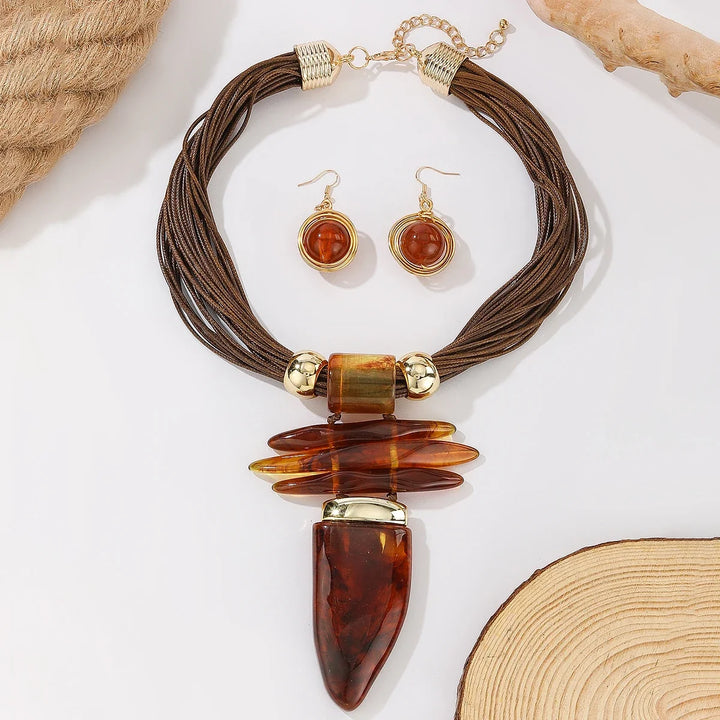 Ensemble de bijoux western mode irrégulier imitation turquoise collier en corde cirée et boucles d'oreilles