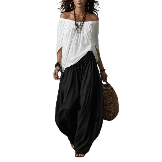 Ensemble T-shirt Off-Shoulder et Pantalon Large, Élégant et à la Mode