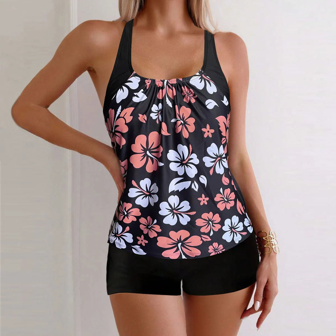 Ensemble tankini à motif floral imprimé  Maillot de bain pour fille : soutien-gorge sans bretelles à bretelles réglables et short de bain à motif floral, bikini à cordon de serrage, ensemble de plage pour femme