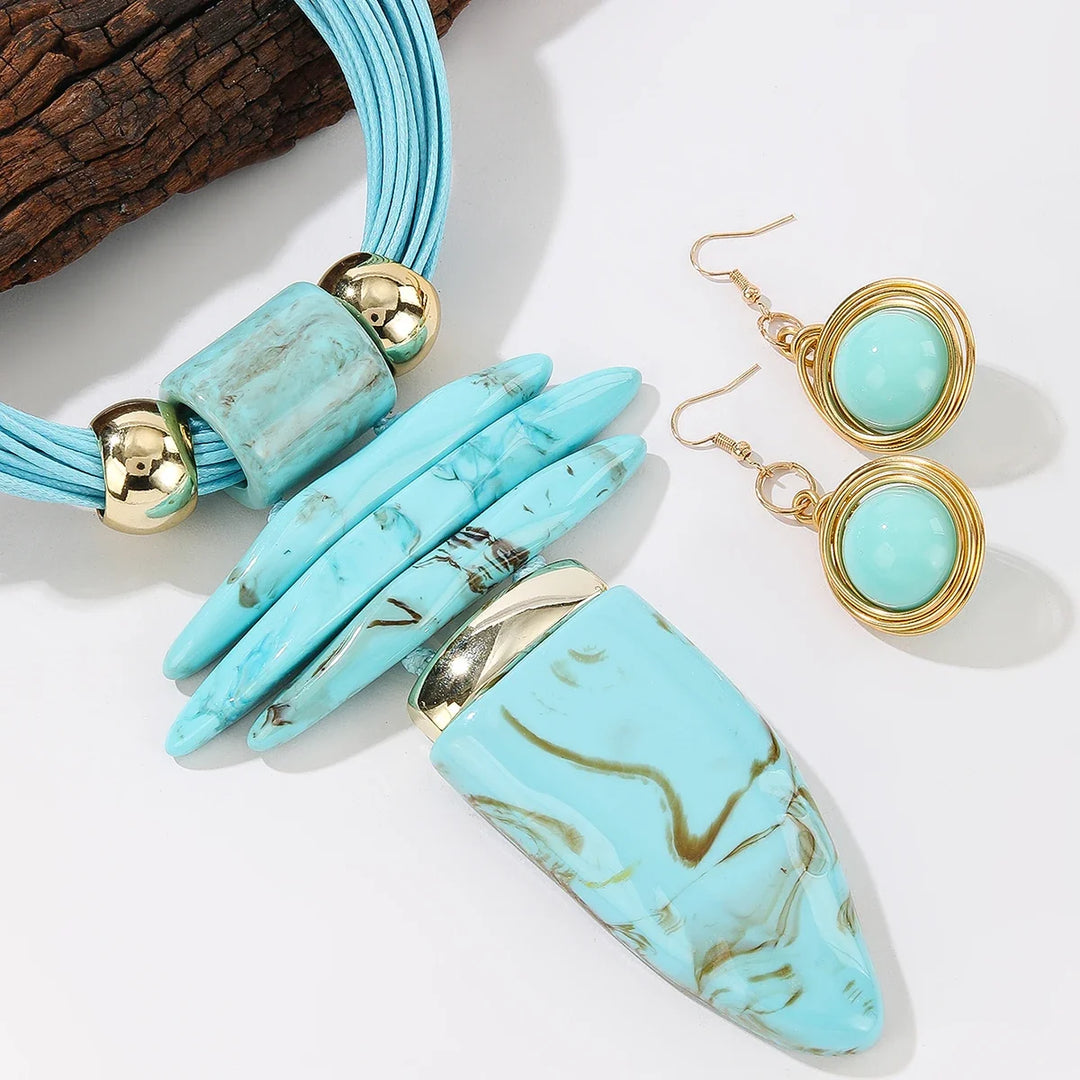 Ensemble de bijoux western mode irrégulier imitation turquoise collier en corde cirée et boucles d'oreilles