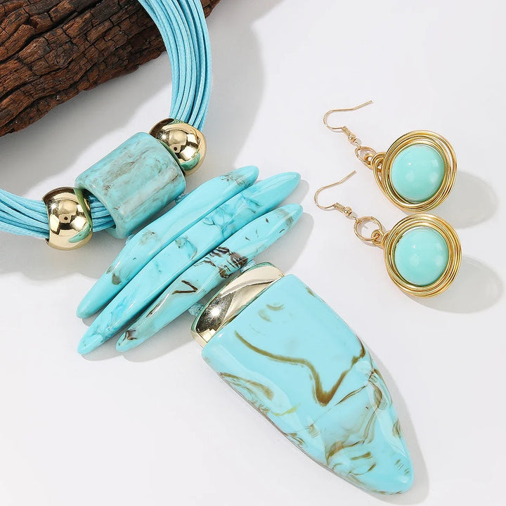 Ensemble de bijoux western mode irrégulier imitation turquoise collier en corde cirée et boucles d'oreilles