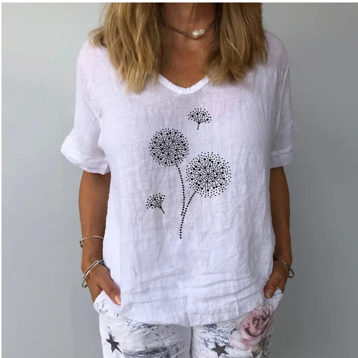 Blouse unie en coton et lin pour femme, style estival décontracté, mode Harajuku, t-shirt imprimé, blouse ample, hauts pour femme, streetwear