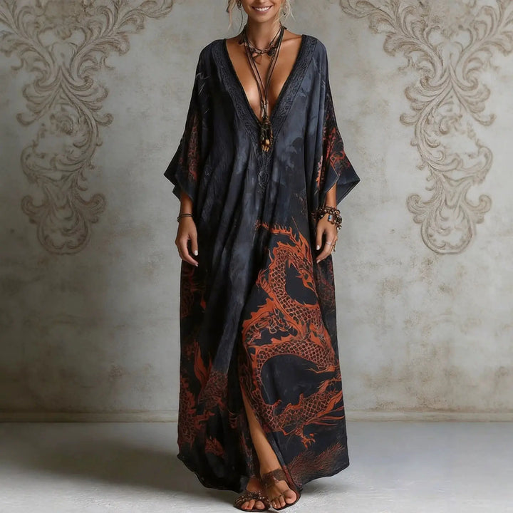 Robe Élégante de Mode à Col V Imprimé Vintage pour Femmes, Robe Décontractée à Manches Chauve-Souris, Robe Couvrante Confortable