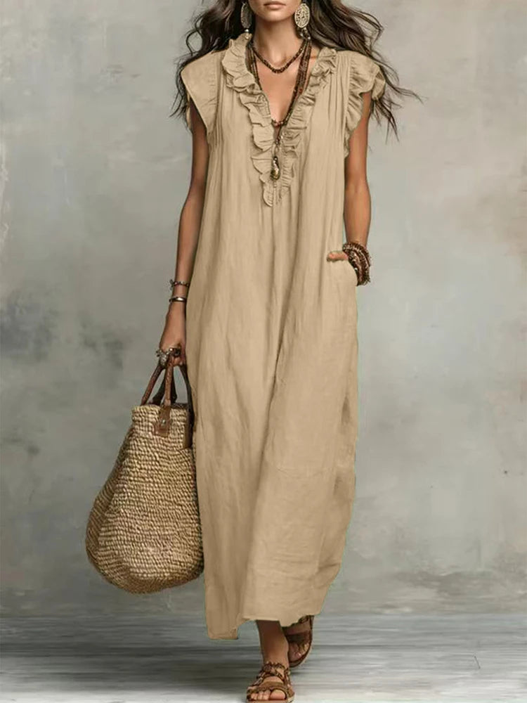 2026 New Bohemian Maxi Dress Ladies Ruffle V Neck Sleeveless Loose Fit Long Sundress Casual Solid With Pockets Dress