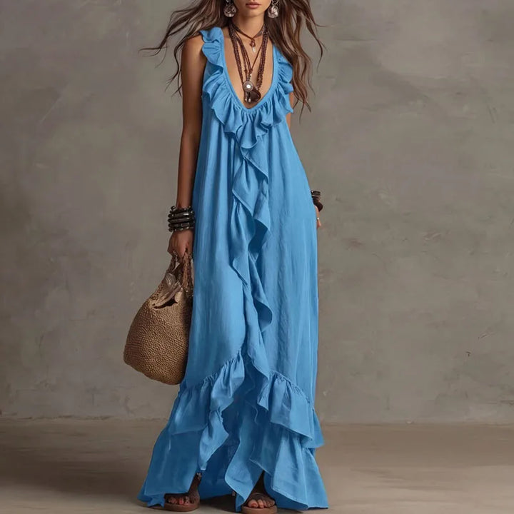 Robe longue bohème à volants pour femme, ourlet irrégulier, col en V profond, coupe ample, robe de soirée longue, nouveauté été, sans manches, couleur unie, robe de plage