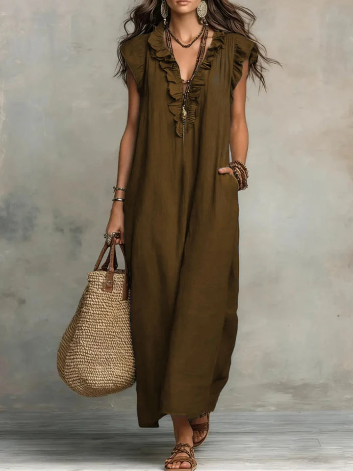 2026 New Bohemian Maxi Dress Ladies Ruffle V Neck Sleeveless Loose Fit Long Sundress Casual Solid With Pockets Dress