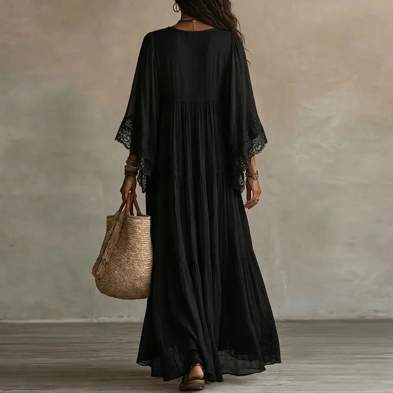 Robe longue unie pour femme, col en V, en dentelle au crochet, manches cloche, plissée, fluide, ample, coupe trapèze, style bohème, estivale, plage, décontractée