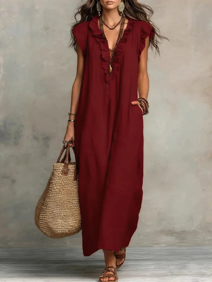 2026 New Bohemian Maxi Dress Ladies Ruffle V Neck Sleeveless Loose Fit Long Sundress Casual Solid With Pockets Dress