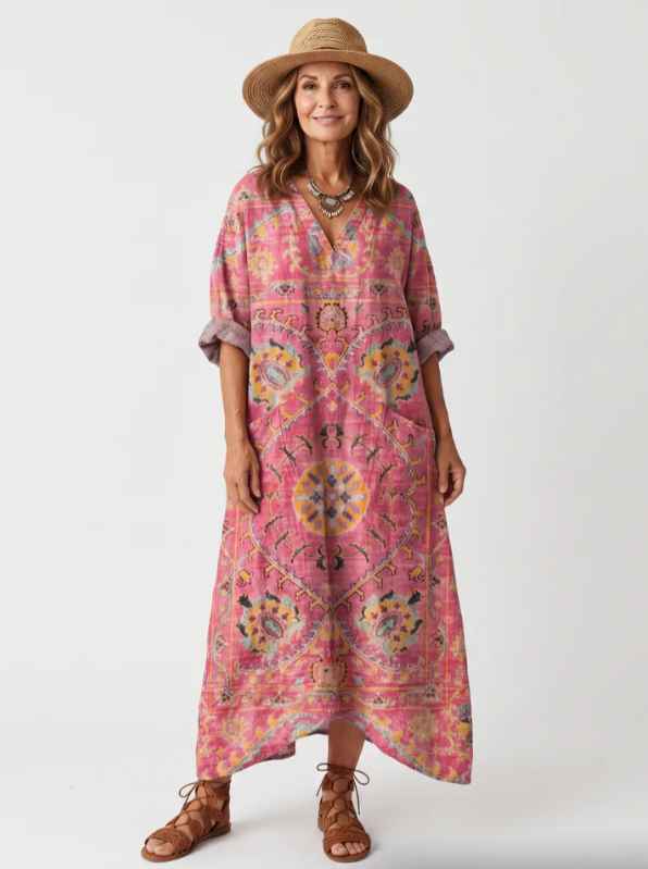 Aleta | Robe midi oversized à poches brodées et bouton sur le devant