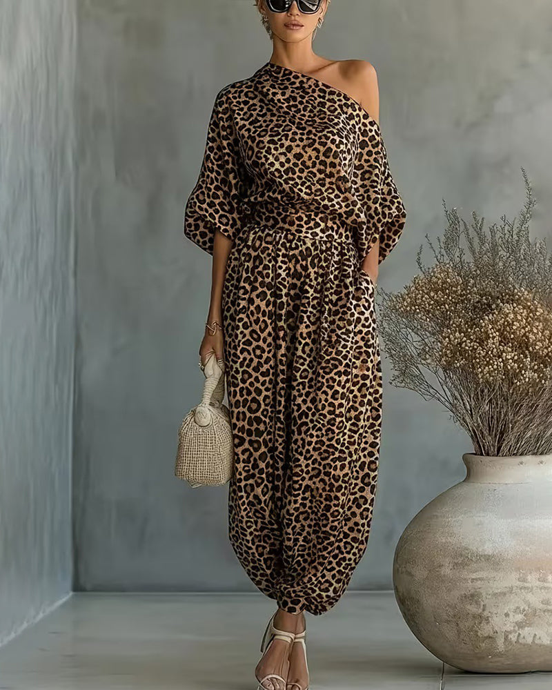 Ensemble Top Asymétrique Imprimé Léopard et Pantalons Harem