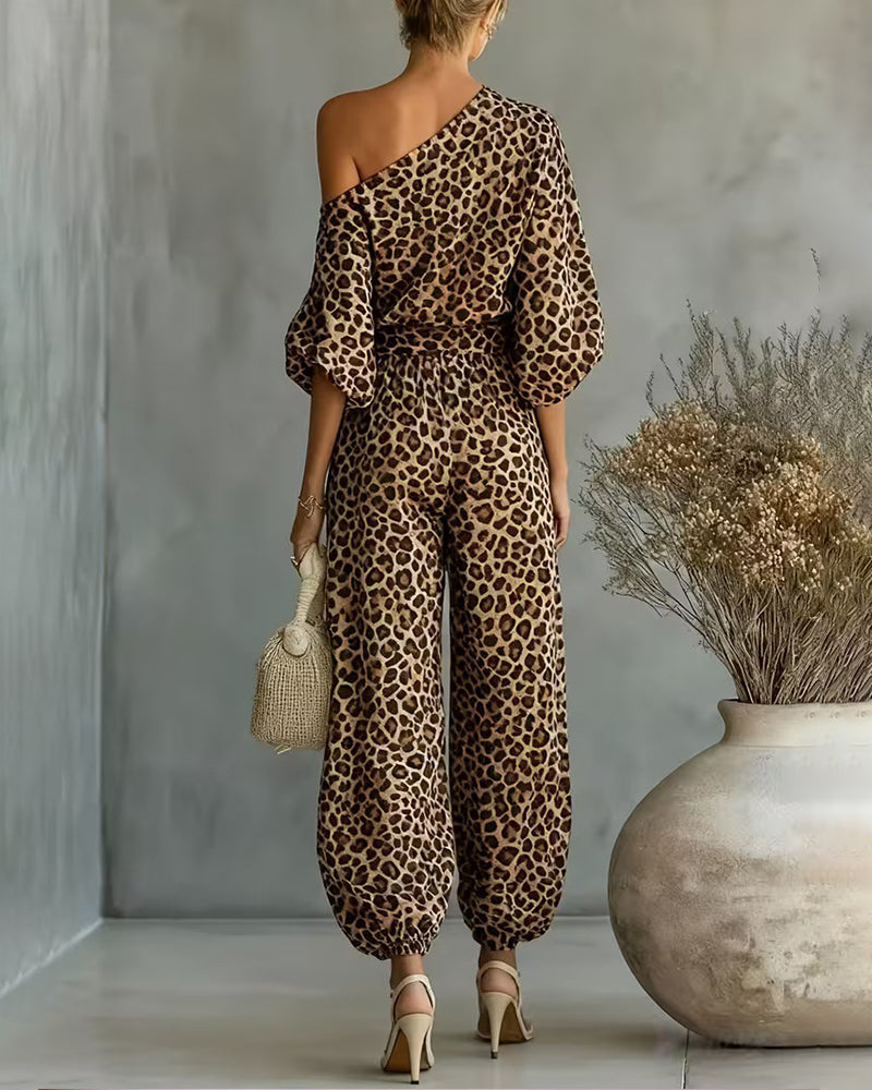 Ensemble Top Asymétrique Imprimé Léopard et Pantalons Harem
