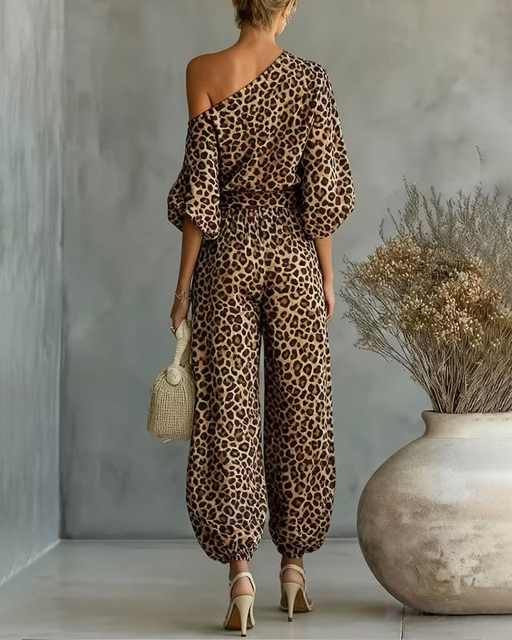 Ensemble Top Asymétrique Imprimé Léopard et Pantalons Harem