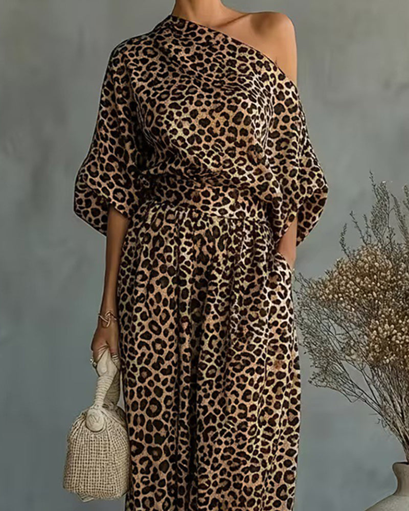 Ensemble Top Asymétrique Imprimé Léopard et Pantalons Harem