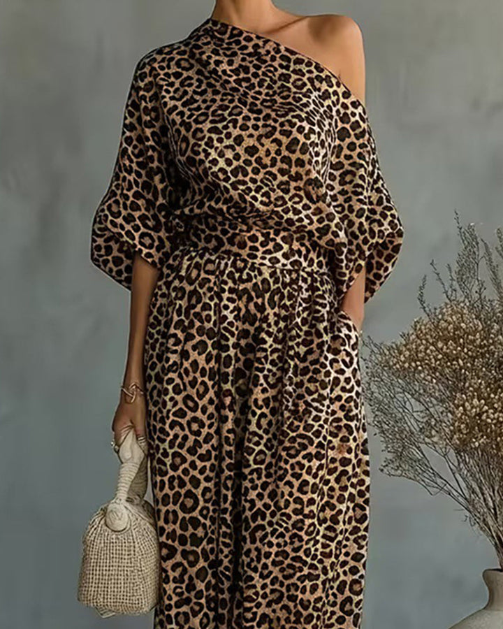 Ensemble Top Asymétrique Imprimé Léopard et Pantalons Harem