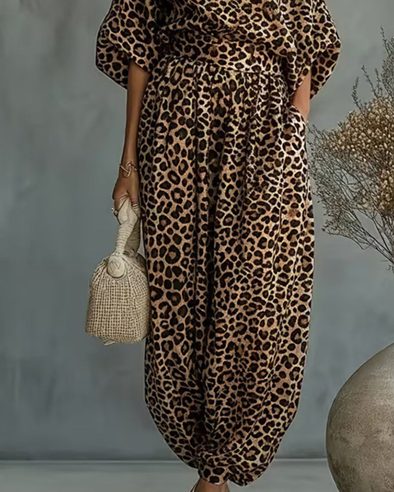 Ensemble Top Asymétrique Imprimé Léopard et Pantalons Harem