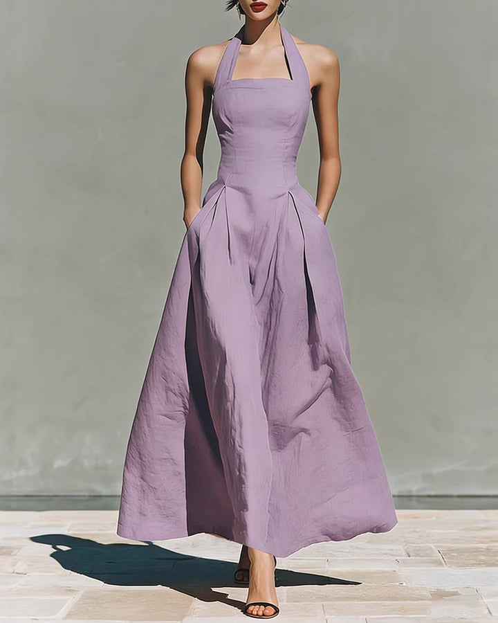 Robe en Coton Lin à Col Halter de Style Français Rétro