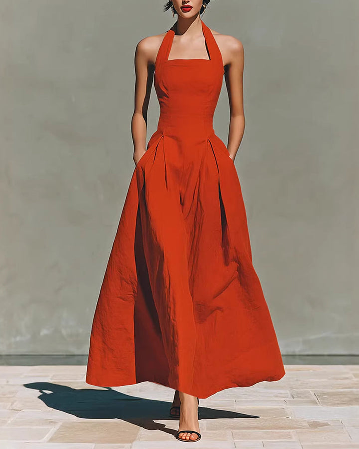 Robe en Coton Lin à Col Halter de Style Français Rétro