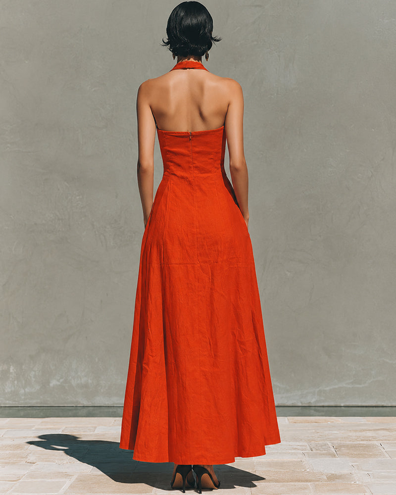 Robe en Coton Lin à Col Halter de Style Français Rétro