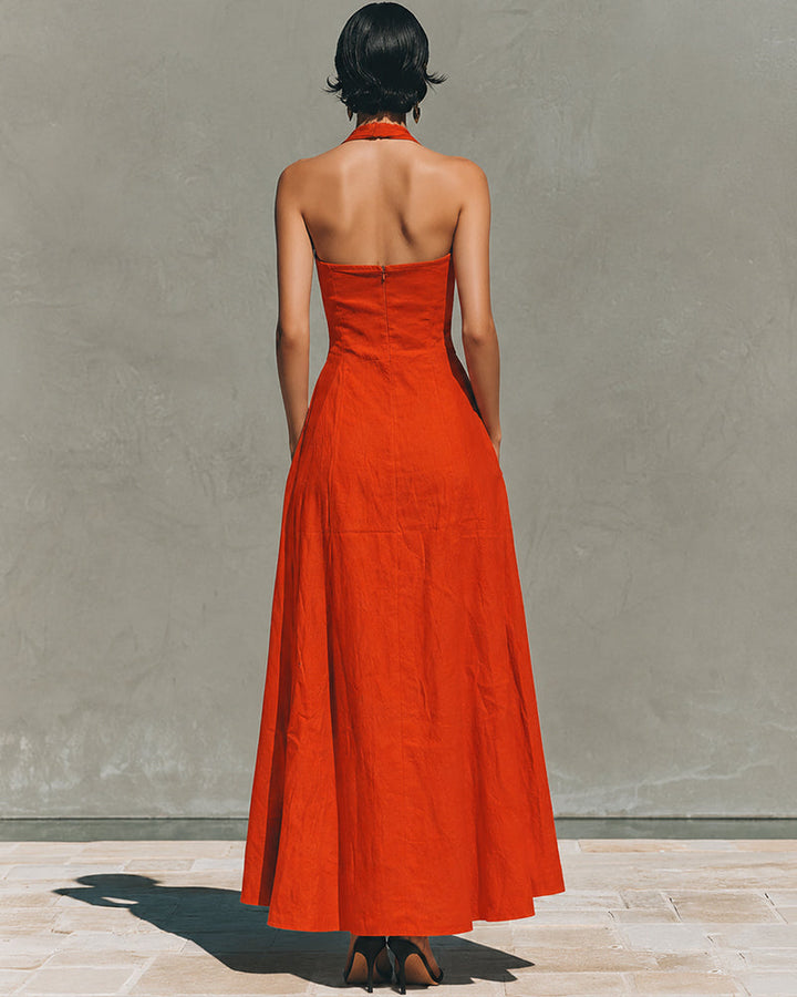 Robe en Coton Lin à Col Halter de Style Français Rétro