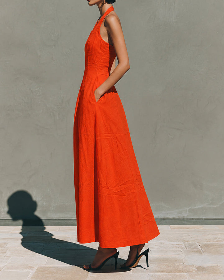 Robe en Coton Lin à Col Halter de Style Français Rétro