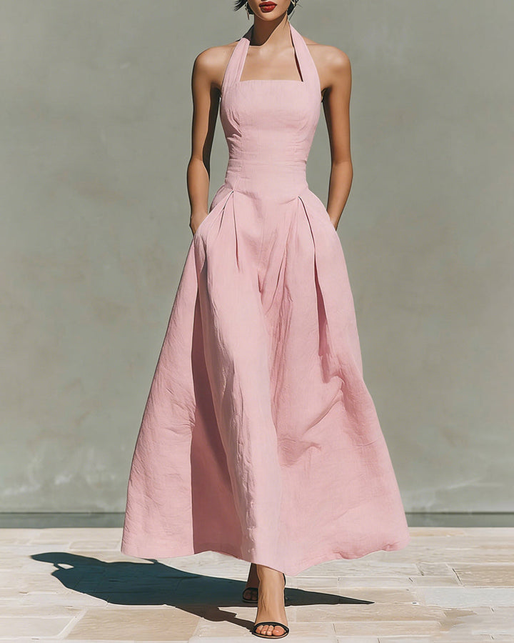 Robe en Coton Lin à Col Halter de Style Français Rétro