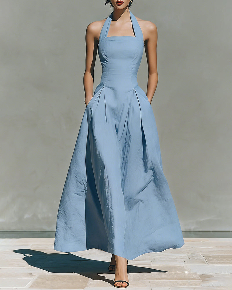 Robe en Coton Lin à Col Halter de Style Français Rétro