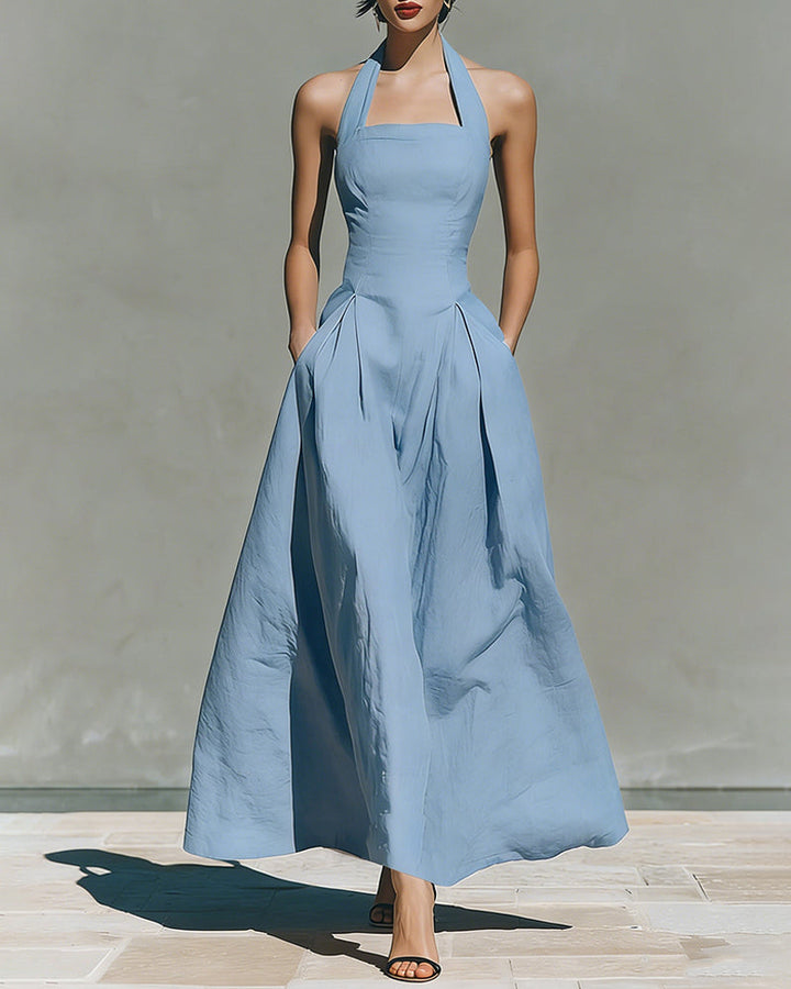 Robe en Coton Lin à Col Halter de Style Français Rétro