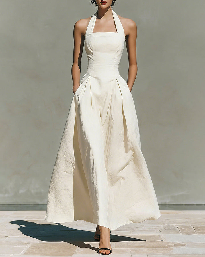 Robe en Coton Lin à Col Halter de Style Français Rétro