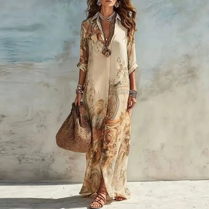 Robe chemise d'été bohème à imprimé floral pour femme, style décontracté, avec revers, manches 3/4, boutonnée, coupe ample, longue, robe maxi, pour la plage et les vacances, robe d'été fluide