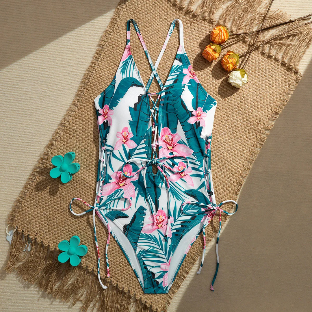 Ensemble tankini à motif floral imprimé  Maillot de bain pour fille : soutien-gorge sans bretelles à bretelles réglables et short de bain à motif floral, bikini à cordon de serrage, ensemble de plage pour femme