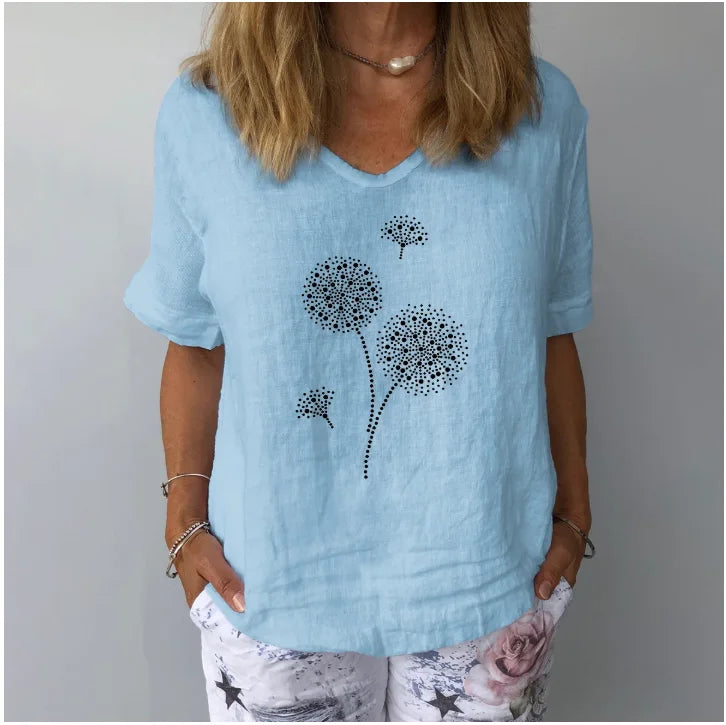 Blouse unie en coton et lin pour femme, style estival décontracté, mode Harajuku, t-shirt imprimé, blouse ample, hauts pour femme, streetwear