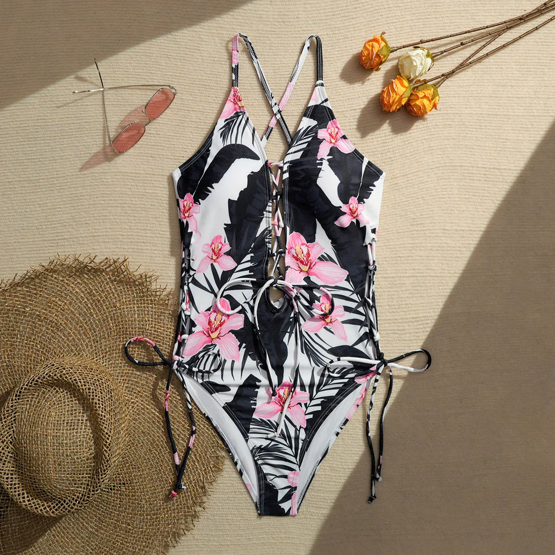 Ensemble tankini à motif floral imprimé  Maillot de bain pour fille : soutien-gorge sans bretelles à bretelles réglables et short de bain à motif floral, bikini à cordon de serrage, ensemble de plage pour femme