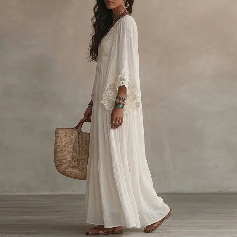 Robe longue unie pour femme, col en V, en dentelle au crochet, manches cloche, plissée, fluide, ample, coupe trapèze, style bohème, estivale, plage, décontractée