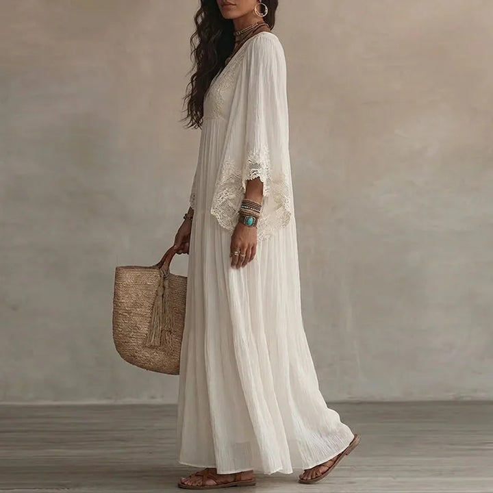Robe longue unie pour femme, col en V, en dentelle au crochet, manches cloche, plissée, fluide, ample, coupe trapèze, style bohème, estivale, plage, décontractée