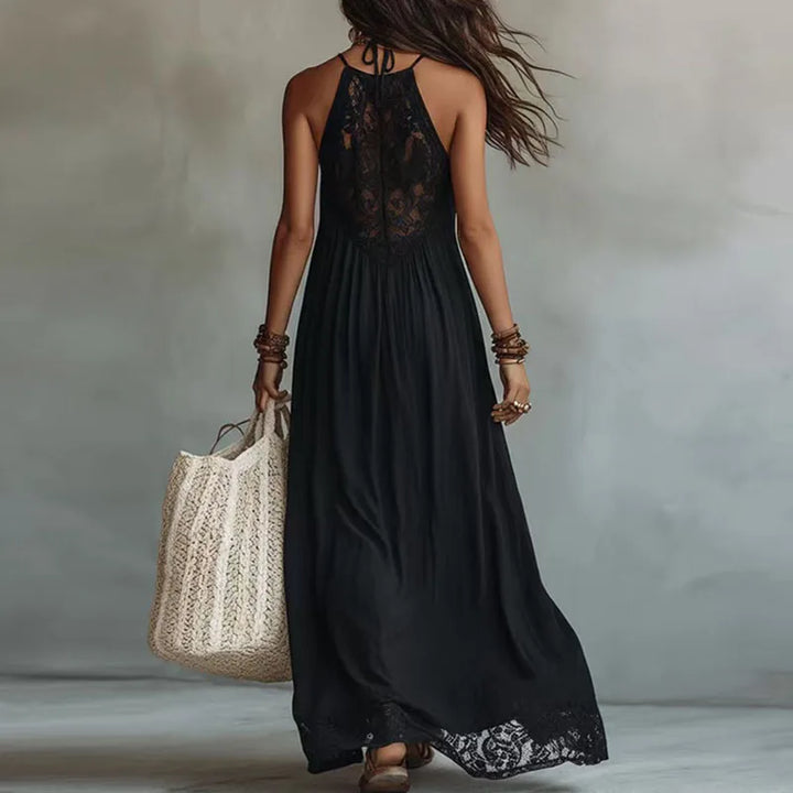 Women’s Halter Neck Maxi Dress New Lace Sleeveless Flowy Loose A-Line Dress Bohemian Casual Solid Hem Beach Holiday Long Dresses
