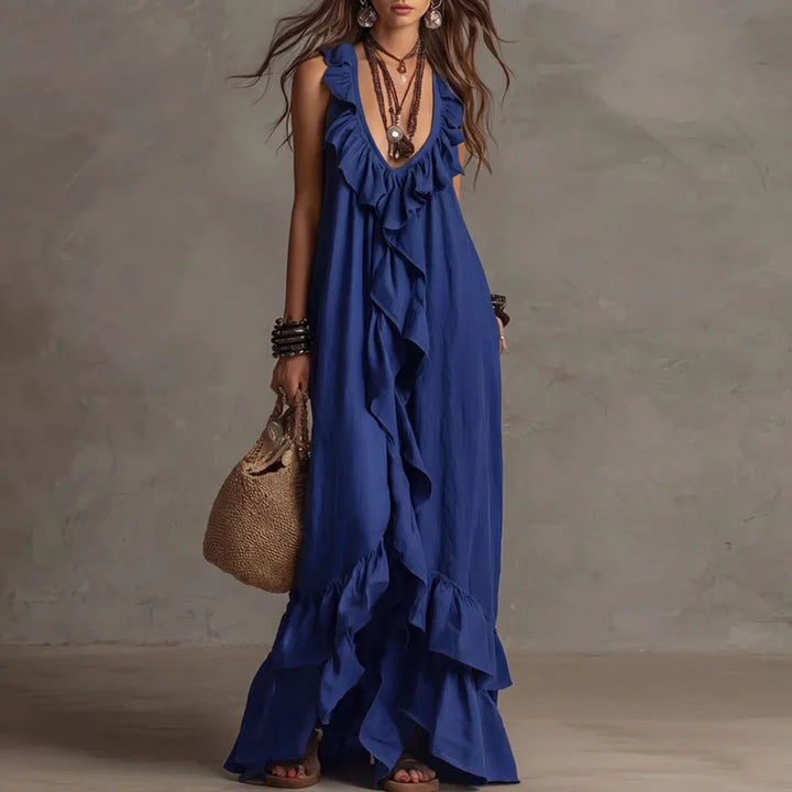 Robe longue bohème à volants pour femme, ourlet irrégulier, col en V profond, coupe ample, robe de soirée longue, nouveauté été, sans manches, couleur unie, robe de plage