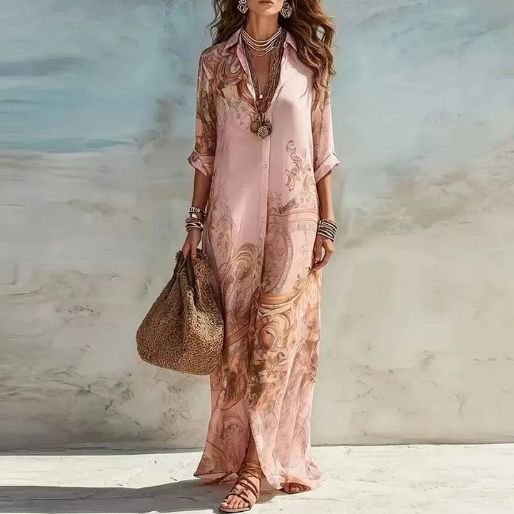 Robe chemise d'été bohème à imprimé floral pour femme, style décontracté, avec revers, manches 3/4, boutonnée, coupe ample, longue, robe maxi, pour la plage et les vacances, robe d'été fluide