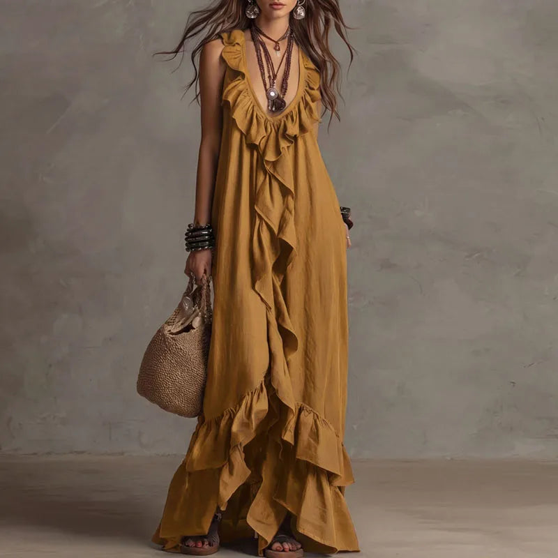 Robe longue bohème à volants pour femme, ourlet irrégulier, col en V profond, coupe ample, robe de soirée longue, nouveauté été, sans manches, couleur unie, robe de plage