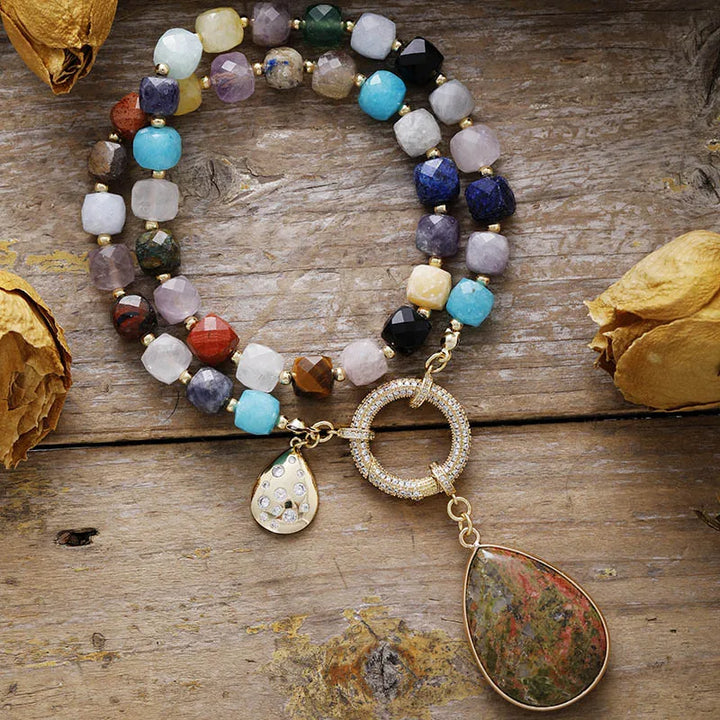 Collier Lariat en Perles avec Pendentif en Améthyste Naturelle
