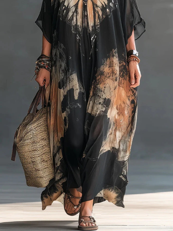 Élégante robe longue en mousseline pour femme, style caftan, à imprimé papillons