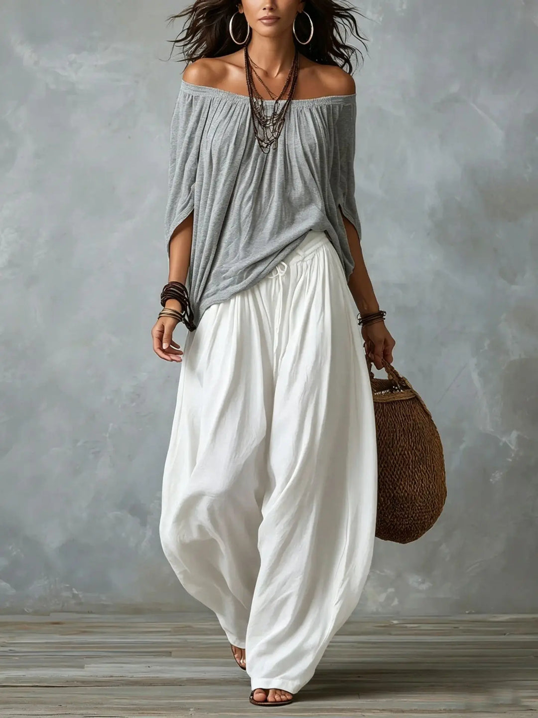 Ensemble T-shirt Off-Shoulder et Pantalon Large, Élégant et à la Mode